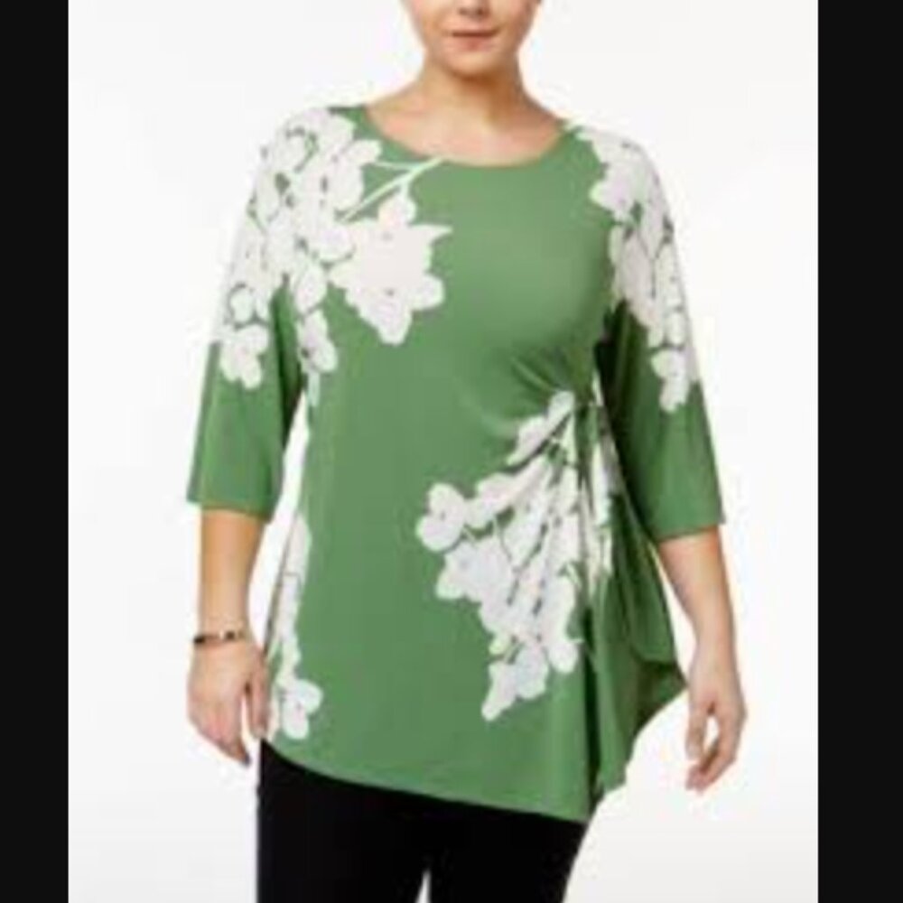 Alfani Green White Floral 3/4 Sleeve Tie Front Ruffled Sides Tunic Top women 1X